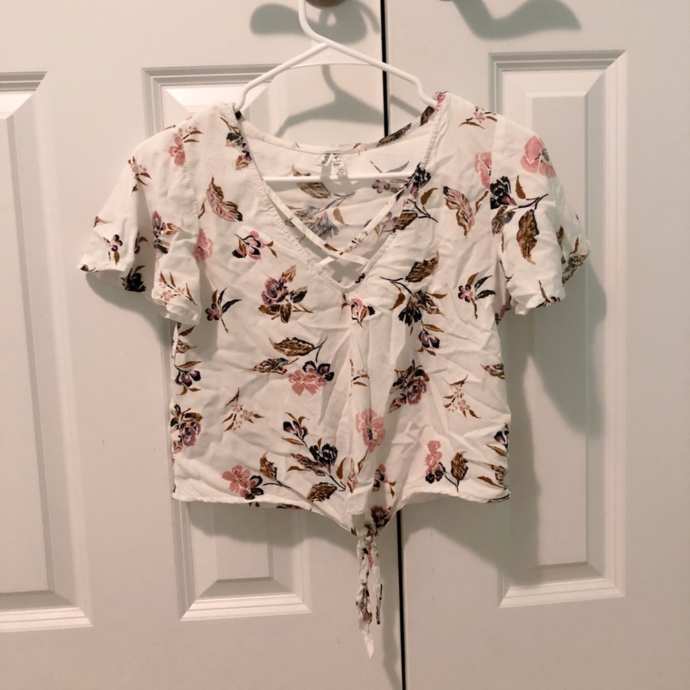 White Floral Print Tie-Front Crop Top